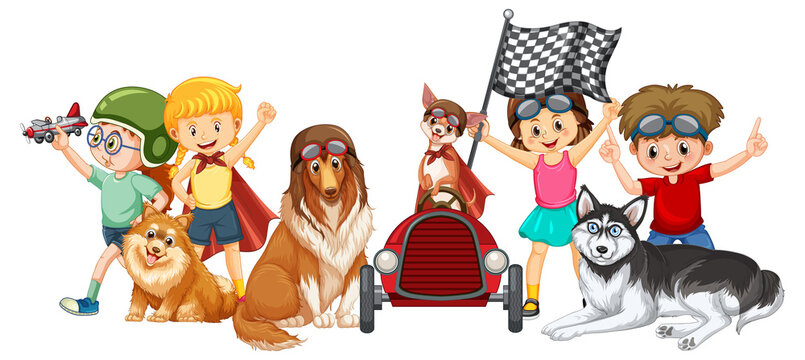 Children with their dogs in cartoon style