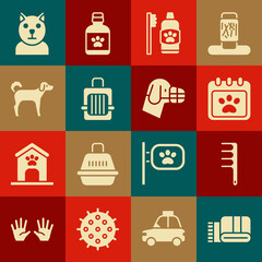 Set Towel stack, Hair brush for dog and cat, Calendar grooming, Dental hygiene pets, Pet carry case, Dog, Cat and muzzle icon. Vector