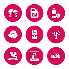 Set Barrel oil, Wastewater, Car, Withered tree, Cigarette, CO2 emissions in cloud, Battery and Cloud with rain icon. Vector