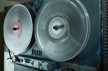 vintage reel to reel tape recorder, old analog  audio recorder. Nostalgic audio gear, close up shot...
