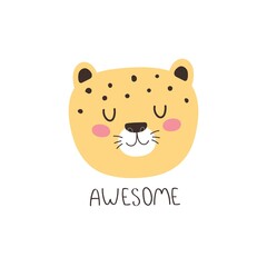 awesome. cartoon leopard, hand drawing lettering. flat style, colorful vector for kids. baby design for cards, poster decoration, print