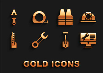 Fototapeta premium Set Wrench spanner, Worker safety helmet, Computer monitor service, Shovel, Stationery knife, Safety vest, Trowel and Roulette construction icon. Vector