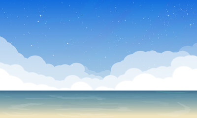 Fototapeta na wymiar Paradise ocean shore with calm water. Clouds and stars above the sea. Starry sky with clouds. Horizontal realistic summer morning sky view near the sea shore with yellow sand through ocean water.
