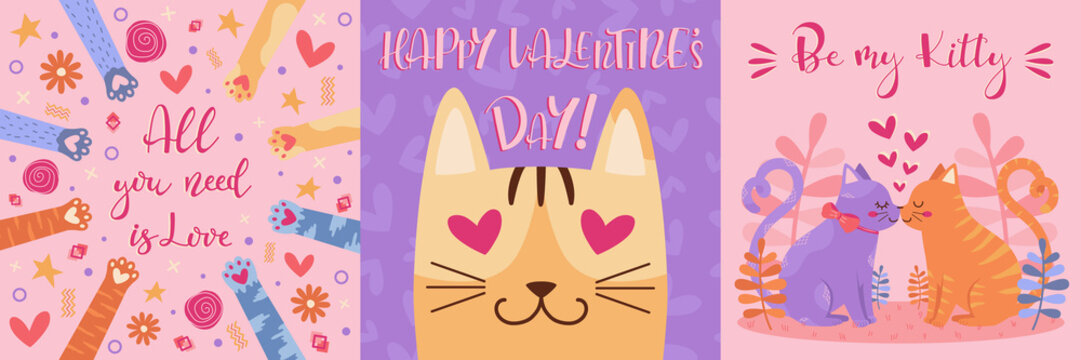 A romantic set of postcards. With love, Valentine&rsquo;s day, 14 february, cute lovely cat pictures for a gift. Love quotes