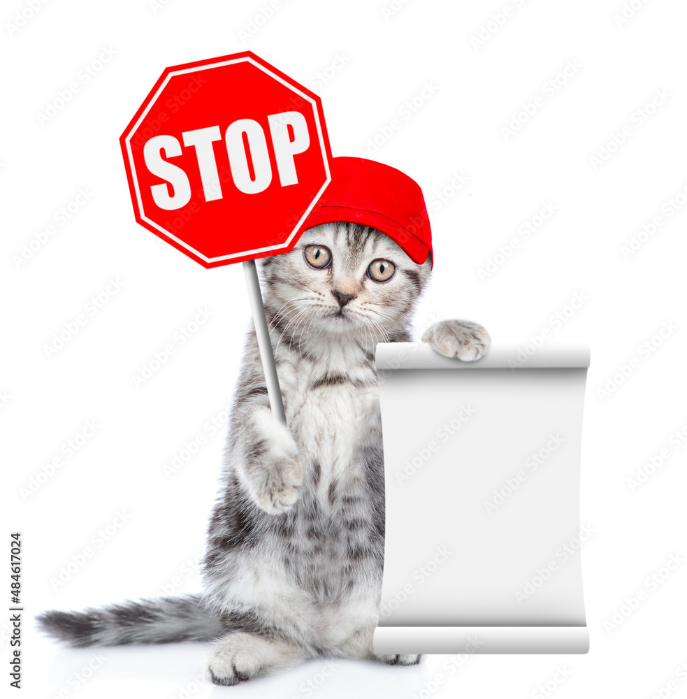 Poster Cat wearing red cap holds stop sign and shows empty list. Isolated on white background