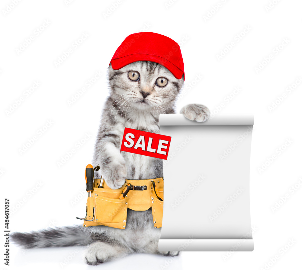 Poster funny cat worker wearing red cap and toolbelt shows sales symbol and empty list. isolated on white b