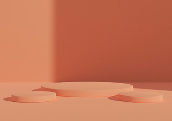 3D rendering of product display with three podiums or stands. Simple, minimal pastel pink composition with window light coming from right side. Good for  cosmetic products 