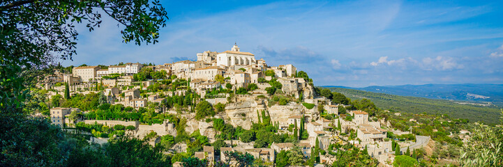 Panoramic landscape view of Gordes in Vaucluse and the countryside of Luberon in France