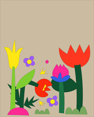 Vector illustration of fancy colors and elements. Vintage postcard, print, poster in the style of the 60s and 70s.