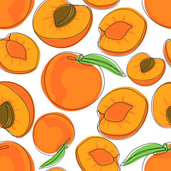 Seamless pattern of apricots whole and halves. Hand drawn fruits and berries background. Print for fabric, textiles, wrapping paper, web. Vector illustration