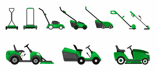 grass cutting. lawnmower machine for house yard seasonal decoration trimming grass. Vector pictures - obrazy, fototapety, plakaty