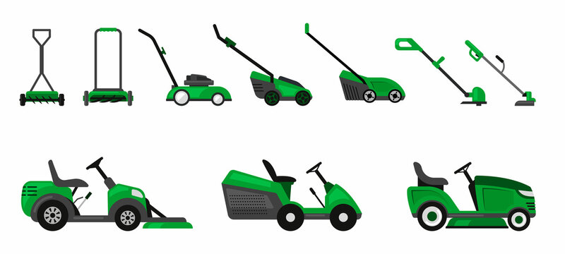 grass cutting. lawnmower machine for house yard seasonal decoration trimming grass. Vector pictures
