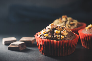 Homemade chocolate muffins or cupcakes sprinkled of nuts on dark background