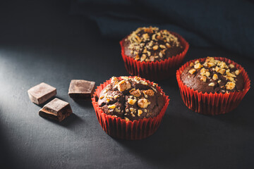 Homemade chocolate muffins or cupcakes sprinkled of nuts on dark background