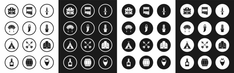 Set Dagger, Tooth, Indian headdress with feathers, Wild west saloon, Cactus peyote in pot, Pan flute, Gold bars and teepee or wigwam icon. Vector © Oksana