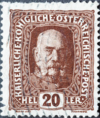 Austria - circa 1916: a postage stamp from Austria, showing a portrait of Emperor Franz Joseph Austria