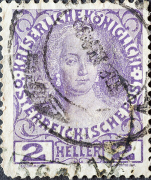 Austria - circa 1908: a postage stamp from Austria, showing a portrait of Maria Theresia. Jubilee of Emperor Franz Joseph Austria