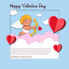 Valentine's Day greeting card with Cupid shooting a heart on a cloud background
