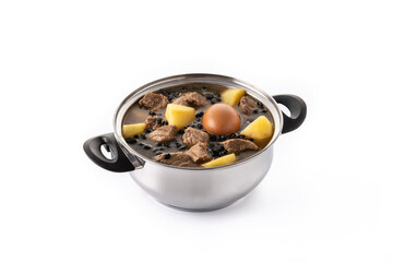 Traditional Jewish cholent isolated on white background. Hamin.