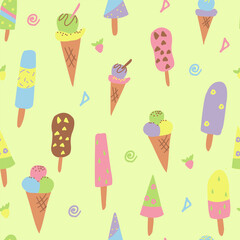 Ice cream seamless pattern in doodle style