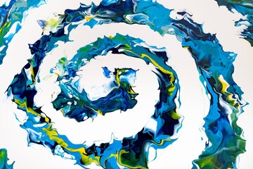 Spiral of dark blue, light blue and yellow colors on a white background. Modern abstract painting. A fragment of a work of art. Abstract colorful painting with liquid acrylic on canvas