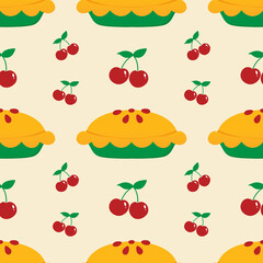 Cute cherry pie vector seamless pattern background for food, cooking design.
