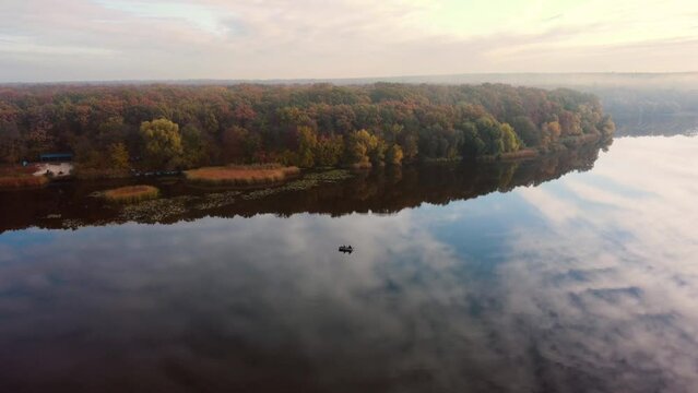dawn at the landscape river. autumn. oak forest. Aerial view.