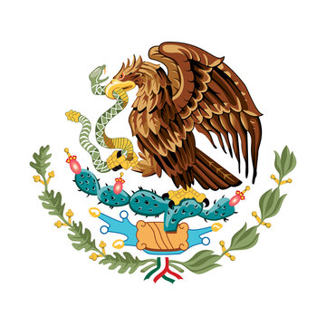 Flag of Mexico detail icon vector isolated on a white background. The coat of arms of Mexico icon vector. Mexican eagle perched on a prickly pear cactus devouring a rattlesnake vector
