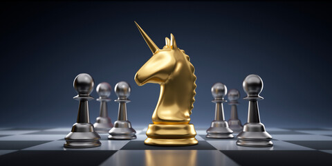 Golden chess piece unicorn with silver pawns on chessboard © peterschreiber.media