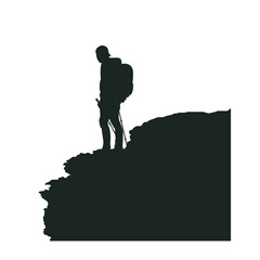 Traveler standing on a rock with backpack, cap and travel walking sticks. Silhouette of a climber. Isolated hiker on white background. Hiking. Adventure tourism. Travel concept.