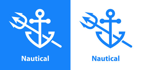 Logotipo con texto Nautical con tridente sobre ancla de barco con líneas en fondo azul y fondo blanco