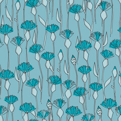 Seamless pattern with hand drawn cornflowers flowers for craft, apparel, design and other design projects. Line art, emerald background