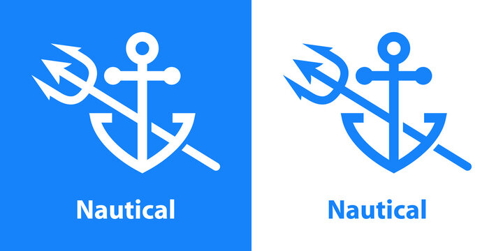 Logotipo con texto Nautical con tridente sobre ancla de barco con l&iacute;neas en fondo azul y fondo blanco