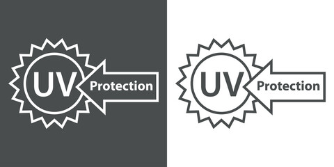 Concepto vacaciones de verano. Crema solar. Logotipo lineal con silueta de sol con texto UV Protection en flecha en fondo gris y fondo blanco © teracreonte
