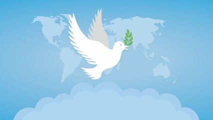 White pigeon flying with branch all over the world, clouds in bottom of illustration. Vector illustration. EPS10.
