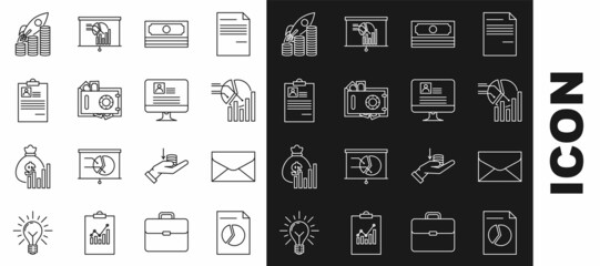 Set line Document with graph chart, Envelope, Pie infographic, Stacks paper money cash, Safe and, Clipboard resume, Rocket flying up coins growth and Computer monitor icon. Vector
