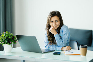 Concentrated young businesswoman working on laptop in bright modern office