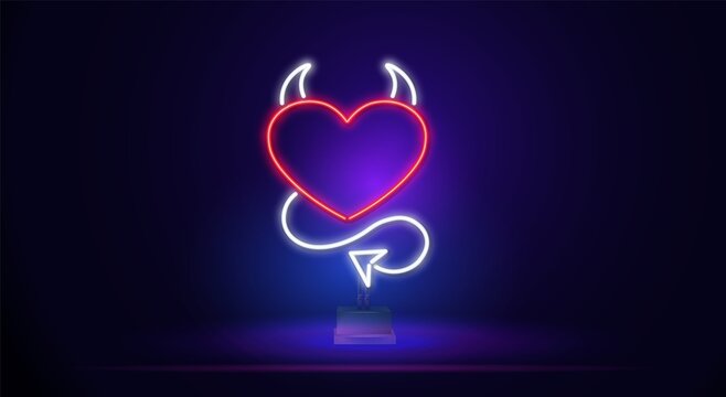 A neon heart with horns and a tail like a devil. The icon of the symbol of love, made of red neon lamps with backlight. Vector illustration