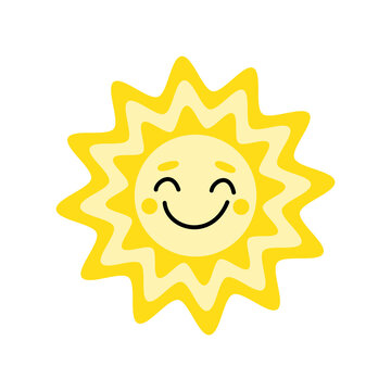 Sun with smile. Cartoon yellow cute smiling sun. Sunshine. Flat, isolated