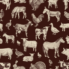 Seamless pattern with cute hand drawn farm animals