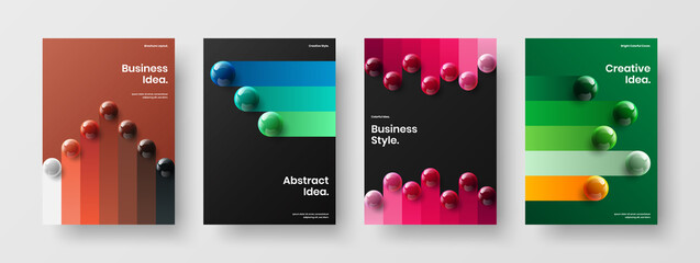 Unique company identity A4 vector design template set. Fresh realistic balls book cover concept composition.