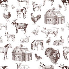 Seamless pattern with cute hand drawn farm animals