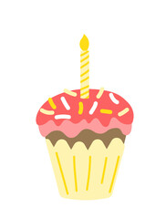 Easter cake with pink glaze, sprinkle, candle. Colorful cupcake. Flat. Isolated