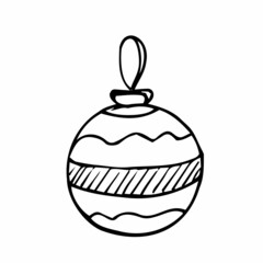 Hand drawn Christmas bauble. Tree toy, ball. New year or Christmas design element. Doodle style. Black and white vector illustration.