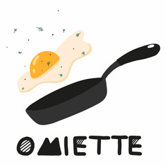  Vector illustration of scrambled eggs in a frying pan. Drawn style. Fried egg in a pan. Egg breakfast illustration. Lettering omelet.