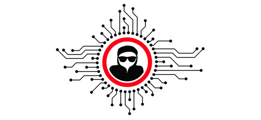 Computer crime. Hacker using computers, for stealing data. Online ransomware or malware to steal personal data from computer. Cyber security. Vector balaclava sign. Flat vector sign.