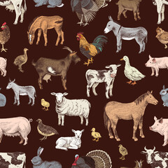 Seamless pattern with cute hand drawn farm animals