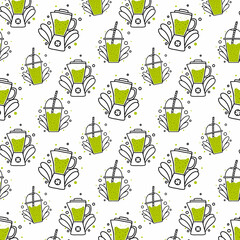 Vector seamless pattern with smoothies and blender. Smoothie green. Doodle style.