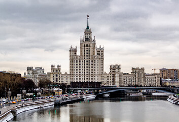 Moscow, Russia - December 16 2021: Stalin`s empire style living house building on Kotelnicheskaya embankment in Moscow.