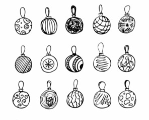 Hand drawn christmas balls set isolated. Vector sketch black and white background illustration icon doodle. Christmas symbol. Christmas and New Year baubles.